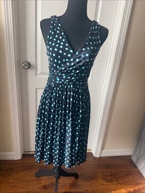 LOFT Black Midi Wrap Dress with Teal Square Print